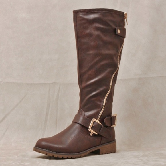 Shoes - Brown Faux Leather Knee High Moto Boot Angelica01